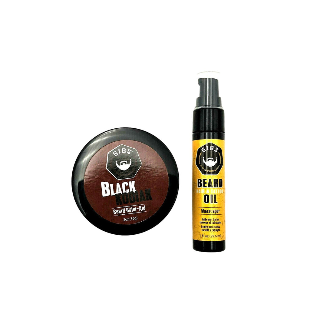 GIBS Manscaper Beard Hair & Tattoo Oil 1 oz & Black Kodiak Beard Balm Aid 2 oz Duo