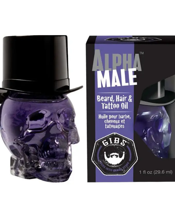 Gibs Alpha Male Beard, Hair & Tattoo Oil in Glass Skull 1 fl oz.