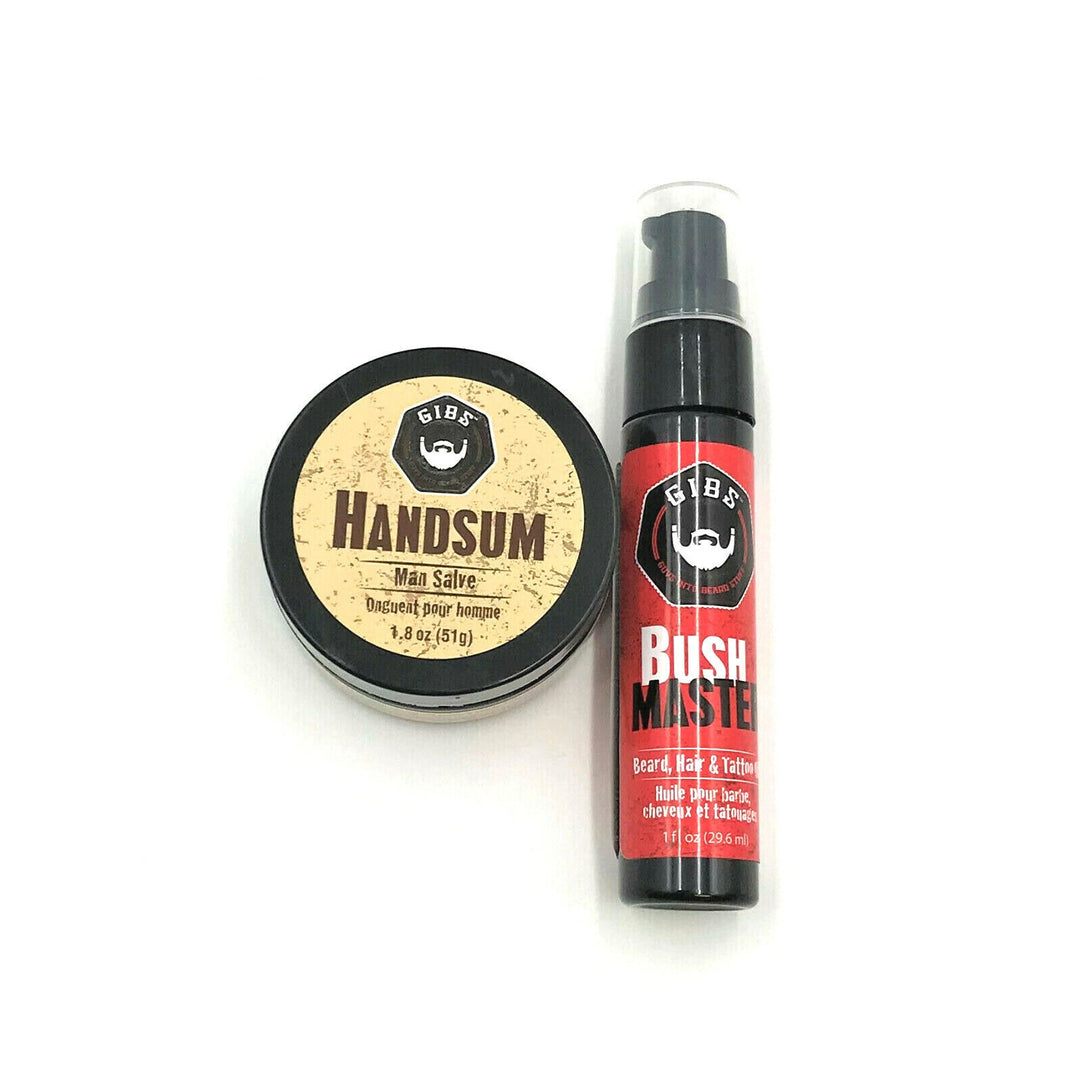 GIBS Bush Master Beard, Hair & Tattoo Oil 1 oz & Hansum Man Salve - Dry Skin 1.8 oz Duo