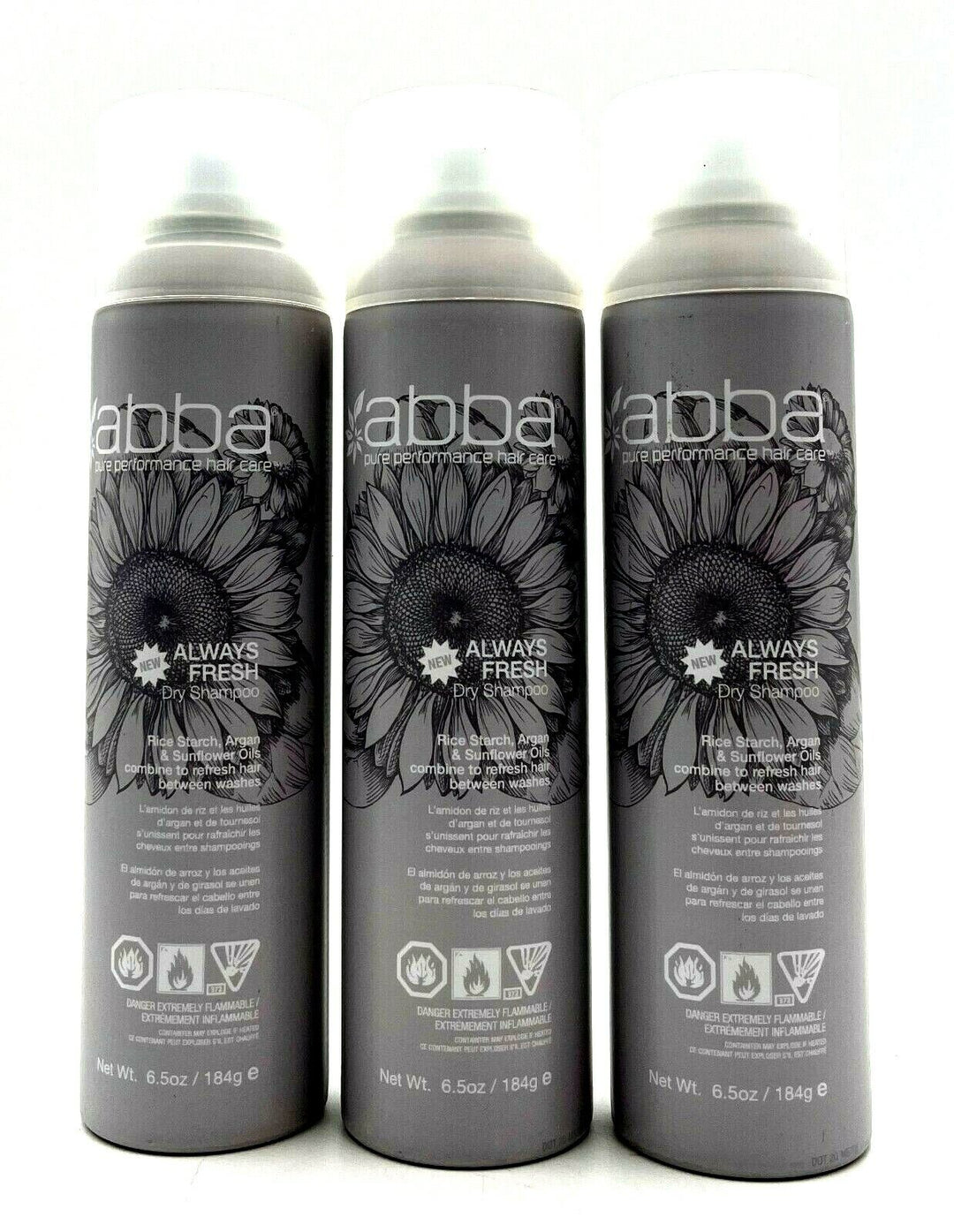 Abba Hair Care Always Fresh Dry Shampoo Rice Starch, Argan,Sunflower 6.5 oz-3 Pk