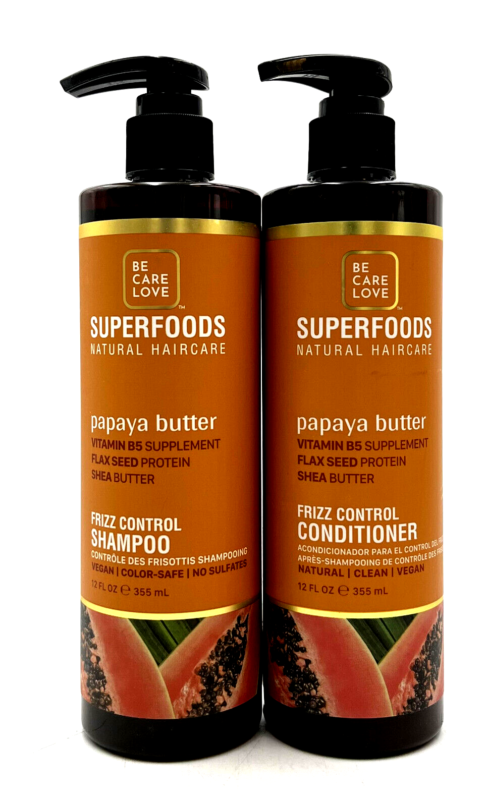 Be Care Love Superfoods Papaya Frizz Control Shampoo & Conditioner 12 oz Duo